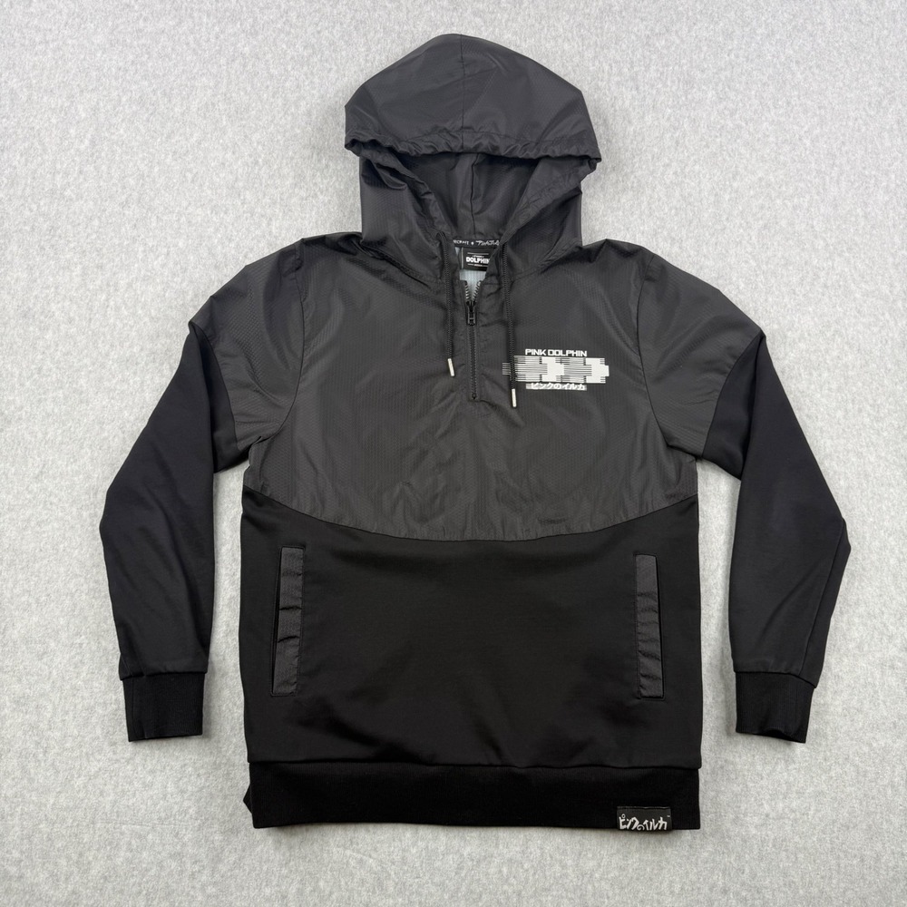 Pink Dolphin Hoodie Mens Medium Black Quarter Zip Windbreaker Pullover Graphic